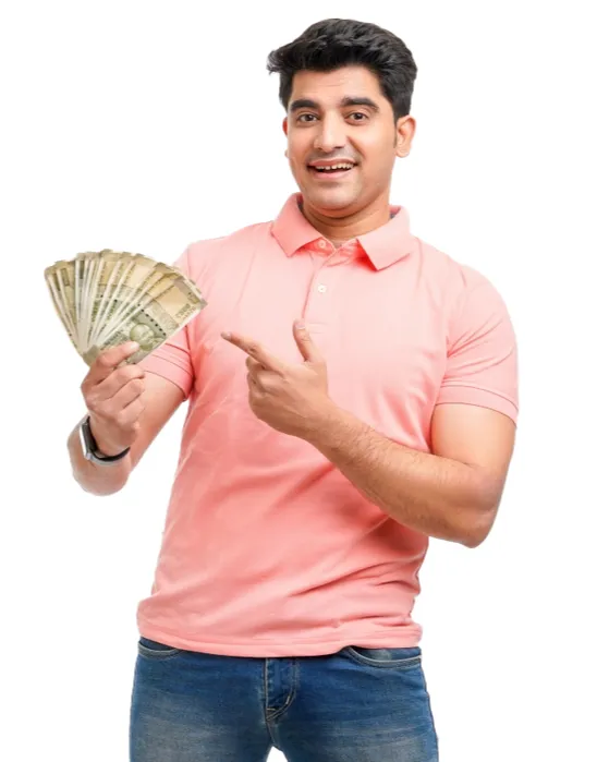 Smiling man holding a fan of rupee notes and pointing at them